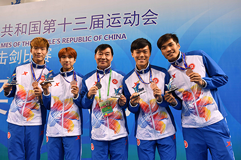 Cheung Ka-long, Nicholas Choi, Kyle Chan and Cheung Siu-lun (first, second, fourth and fifth from left, fencing)