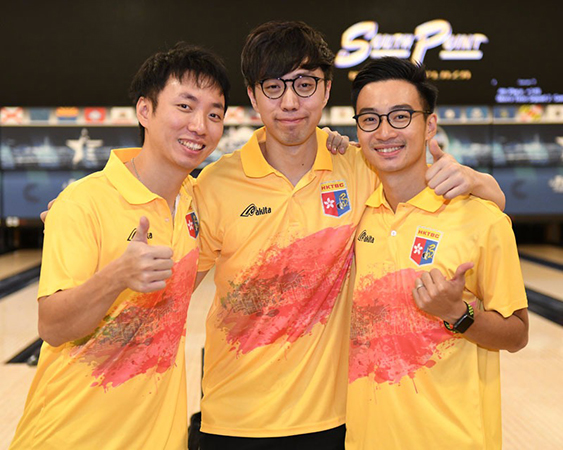 from left: Wu Siu-hong, Mak Cheuk-yin and Tseng Tak-hin (tenpin bowling)