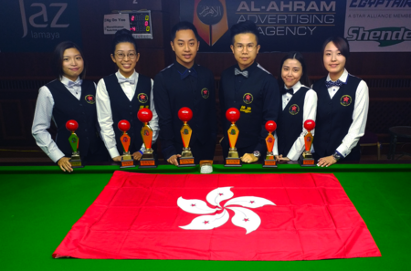 From left: Wan Ka-kai, Ng On-yee, Lee Tsz-ho, Chau Hon-man, Cheung Yee-ting and Fong Mei-mei (billiard sports)