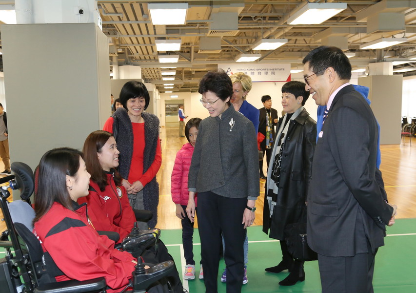 <p>Mrs Carrie Lam GBS JP, Chief Secretary for Administration of the HKSAR Government was greeted by Boccia athletes Kwok Hoi-ying (2<sup>nd</sup> left) and Ho Yuen-kei (1<sup>st</sup> left) at the Hong Kong Jockey Club Sports Building.</p>
