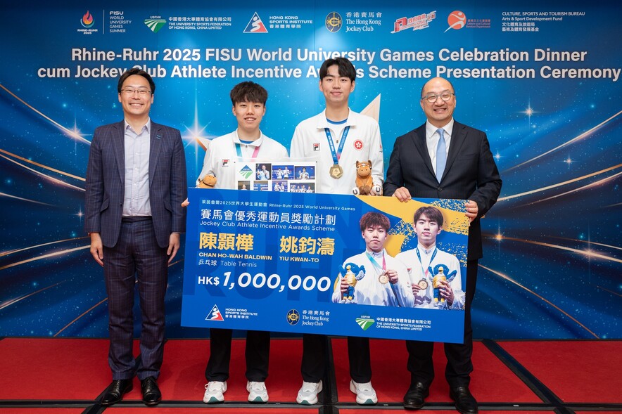 <p><strong>Mr Tsoi Kin-pan, George <span style="font-size:75%;">JP</span></strong>, Commissioner for Sports of the Culture, Sports and Tourism Bureau (1st from left) and <strong>Mr Tam Chi-yuen, Raymond <span style="font-size:75%;">GBS JP</span></strong>, Executive Director, Corporate Affairs of The Hong Kong Jockey Club (1st from right), presented cash incentives HK$1,000,000 to table tennis athletes <strong>Chan Ho-wah</strong> (2nd from left) and <strong>Yiu Kwan-to</strong> (2nd from right).</p>
