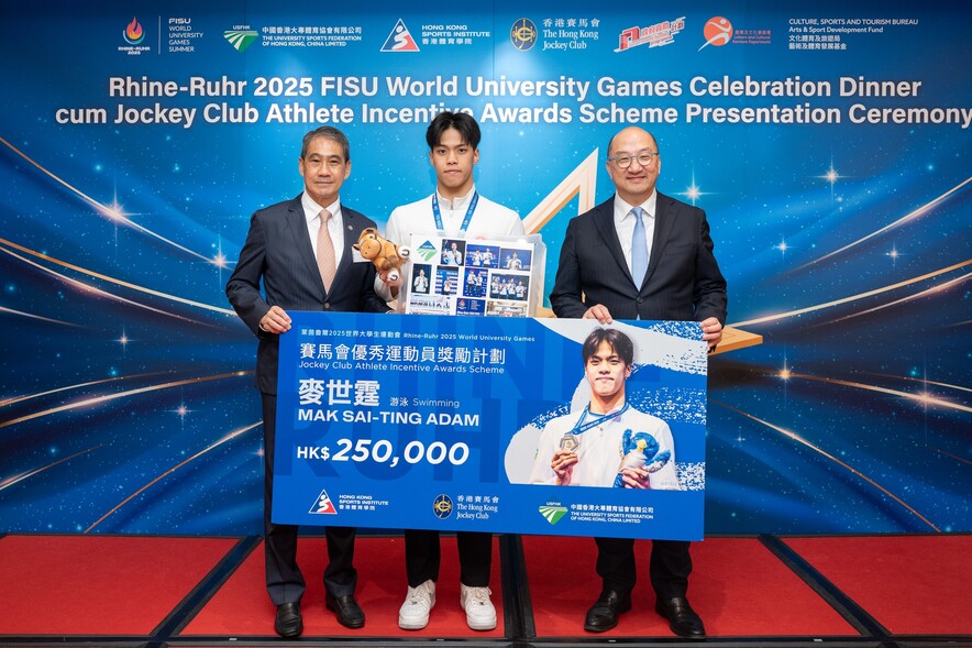 <p><strong>Mr Tam Chi-yuen, Raymond <span style="font-size:75%;">GBS JP</span></strong>, Executive Director, Corporate Affairs of The Hong Kong Jockey Club (right); and <strong>Mr Tang King-shing <span style="font-size:75%;">GBS PDSM</span></strong>, Chairman of the HKSI (left), presented cash incentives HK$250,000 to swimming athlete <strong>Mak Sai-ting</strong>.</p>
