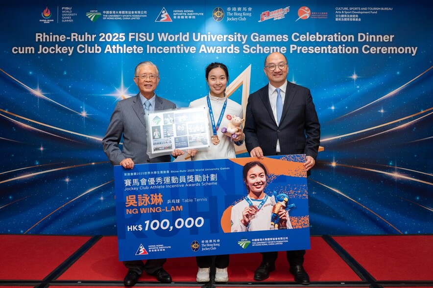 <p><strong>Mr Tam Chi-yuen, Raymond <span style="font-size:75%;">GBS JP</span></strong>, Executive Director, Corporate Affairs of The Hong Kong Jockey Club (right); and <strong>Mr Chan Wai-lun, Anthony <span style="font-size:75%;">BBS MH JP</span></strong>, Honorary President of the University Sports Federation of Hong Kong, China (left), presented cash incentives HK$100,000 to table tennis athlete <strong>Ng Wing-lam</strong>.</p>
