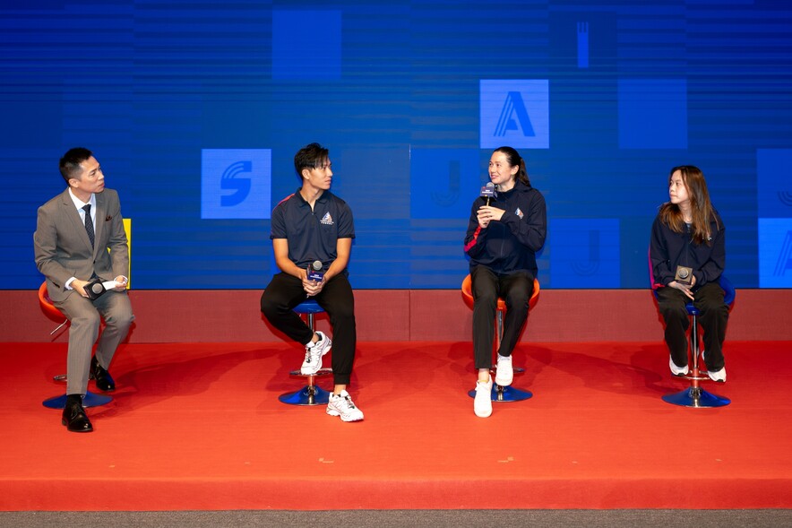 <p>(From 2<sup>nd</sup> left) Wushu athlete <strong>Hui Tak-yan</strong>, swimmer<strong> Siobhan Haughey</strong>, and Para table tennis athlete <strong>Pang Wing-ka</strong> reflected on the challenges and rewards of their sporting journeys at the launch event, while expressing appreciation for the opportunities and support that have contributed to their success.</p>
