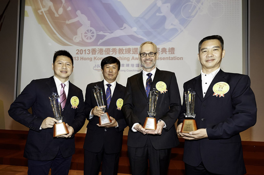 <p>From left: squash coach Dick Leung Kan-fai, cycling coach Shen Jinkang, swimming coach Michael Peter Fasching and wheelchair fencing coach Chen Yu win the highly coveted Coach of the Year Awards for best demonstrating their ability to improve the performance of athletes at the international level in 2013.</p>
