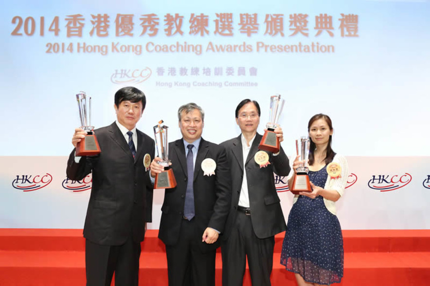 <p>From left: cycling coach Shen Jinkang, wushu coach Law Kin-keung, boccia coach Kwok Hart-wing and squash coach Chiu Wing-yin Rebecca win the highly coveted Coach of the Year Awards for best demonstrating their ability to improve the performance of athletes at the international level in 2014.</p>
