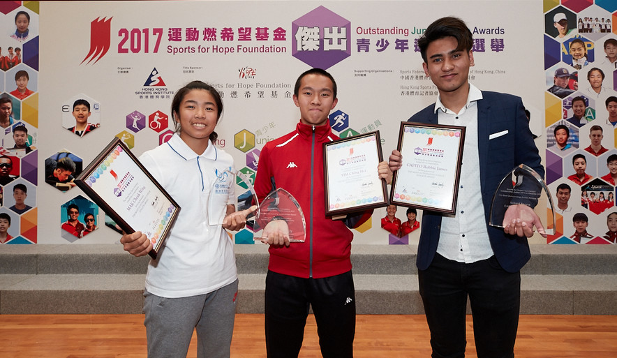<p>(From the left) Mak Cheuk-wing (Windsurfing), Yim Ching-hei (Athletics &ndash; Hong Kong Sports Association for Persons with Intellectual Disability) and Robbie James Capito (Billiard Sports),&nbsp;had the best sporting results last year and are awarded the&nbsp;Most Outstanding Junior Athletes&nbsp;of 2017.</p>
