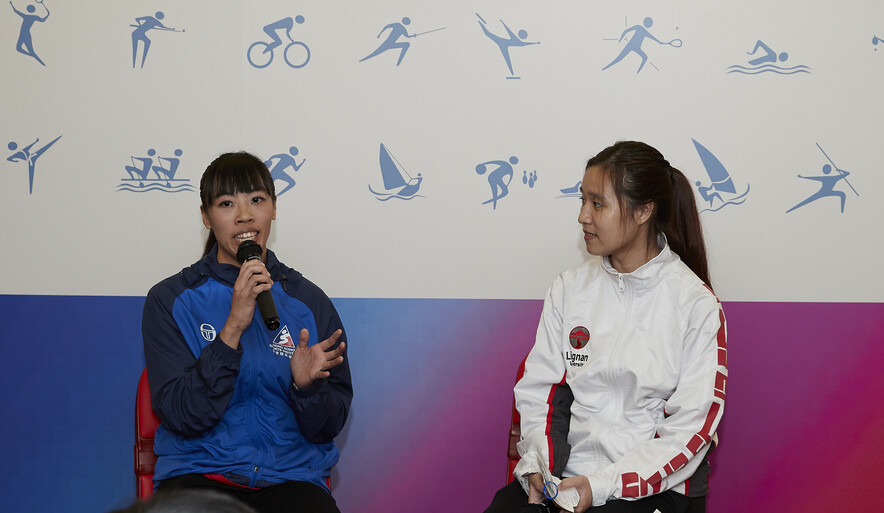 <p>Elite karatedo athlete and also a Lingnan University graduate, Lai Shuet-yan (left) shared how she had struggled between sports training and academic study. She was also planning to turn into a full-time athlete and pursue further study through this Programme. Full-time elite athletes and graduates of Lingnan Fong Kit-fung (rugby) and Wong Cheuk-lee (karatedo) also shared, through video-taped interviews, that the collaboration would mark great importance to athletes’ whole-person development.</p>
