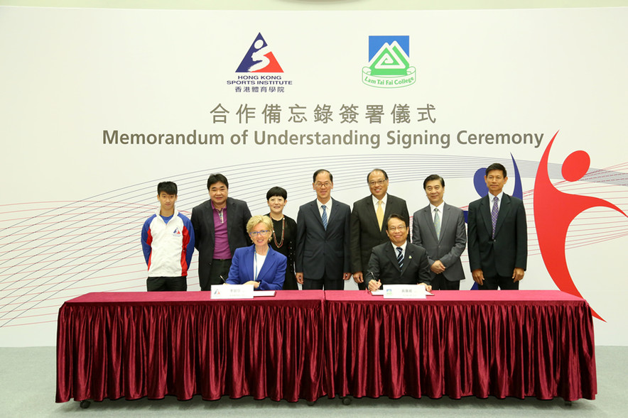 <p>The MOU is signed by Dr Trisha Leahy BBS (1<sup>st</sup> row, left), Chief Executive of the HKSI and Mr Wong Kwong-wai, Principal of the LTFC (1<sup>st</sup> row, right); with the signatures witnessed by The Hon Tsang Tak-sing GBS JP (2<sup>nd</sup> row, 4<sup>th</sup> right), Secretary for Home Affairs; Mrs Jenny Fung Ma Kit-han BBS JP (2<sup>nd</sup> row, 3<sup>rd</sup> left), Director of the HKSI; Dr the Hon Lam Tai-fai SBS JP (2<sup>nd</sup> row, 3<sup>rd</sup> right), Supervisor of the LTFC; Mr John Fan Kam-ping BBS JP (2<sup>nd</sup> row, 2<sup>nd</sup> right), Deputy Supervisor of the LTFC; Professor Chung Pak-kwong (2<sup>nd</sup> row 1<sup>st</sup> right), IMC Manager of the LTFC; the HKSI&rsquo;s Head Squash Coach Tony Choi Yuk-kwan MH (2<sup>nd</sup> row, 2<sup>nd</sup> left) and squash athlete Harley Lam Yat-ting (2<sup>nd</sup> row, 1<sup>st</sup> left).</p>
