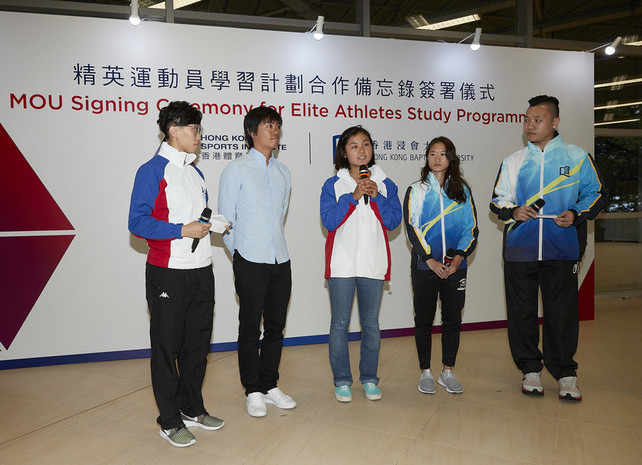 (From 2nd left) Hong Kong Baptist University (HKBU) graduate, Acting Head Windsurfing Coach Chan King-yin, HKBU students Ma Kwan-ching (Windsurfing) and Chan Ho-ling (Squash), share their experience on how to strike a balance between studying and training.